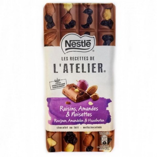 Шоколад Nestle L`atelier молочный с изюмом, миндалем и фундуком 170г Шоколад Nestle L`atelier молочный с изюмом, миндалем и фундуком 170г